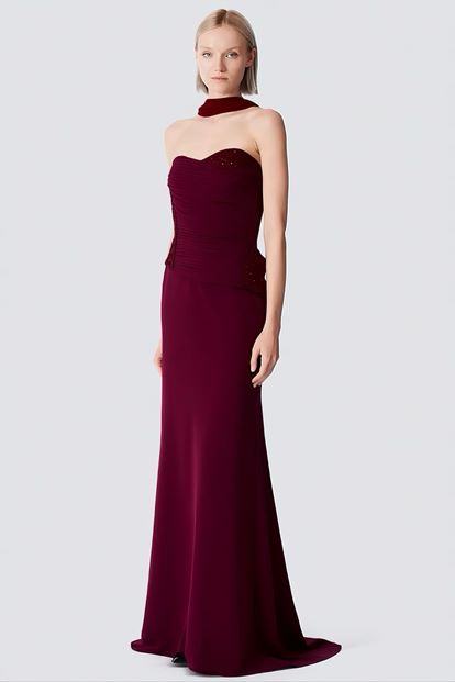 Bordo Işıltı Detaylı Abiye Elbise